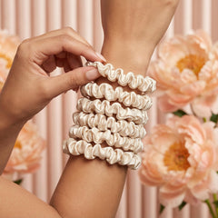 Glampton Satin Scrunchies ponytail-hair beauty shot showing dent-free wear and secure hold.