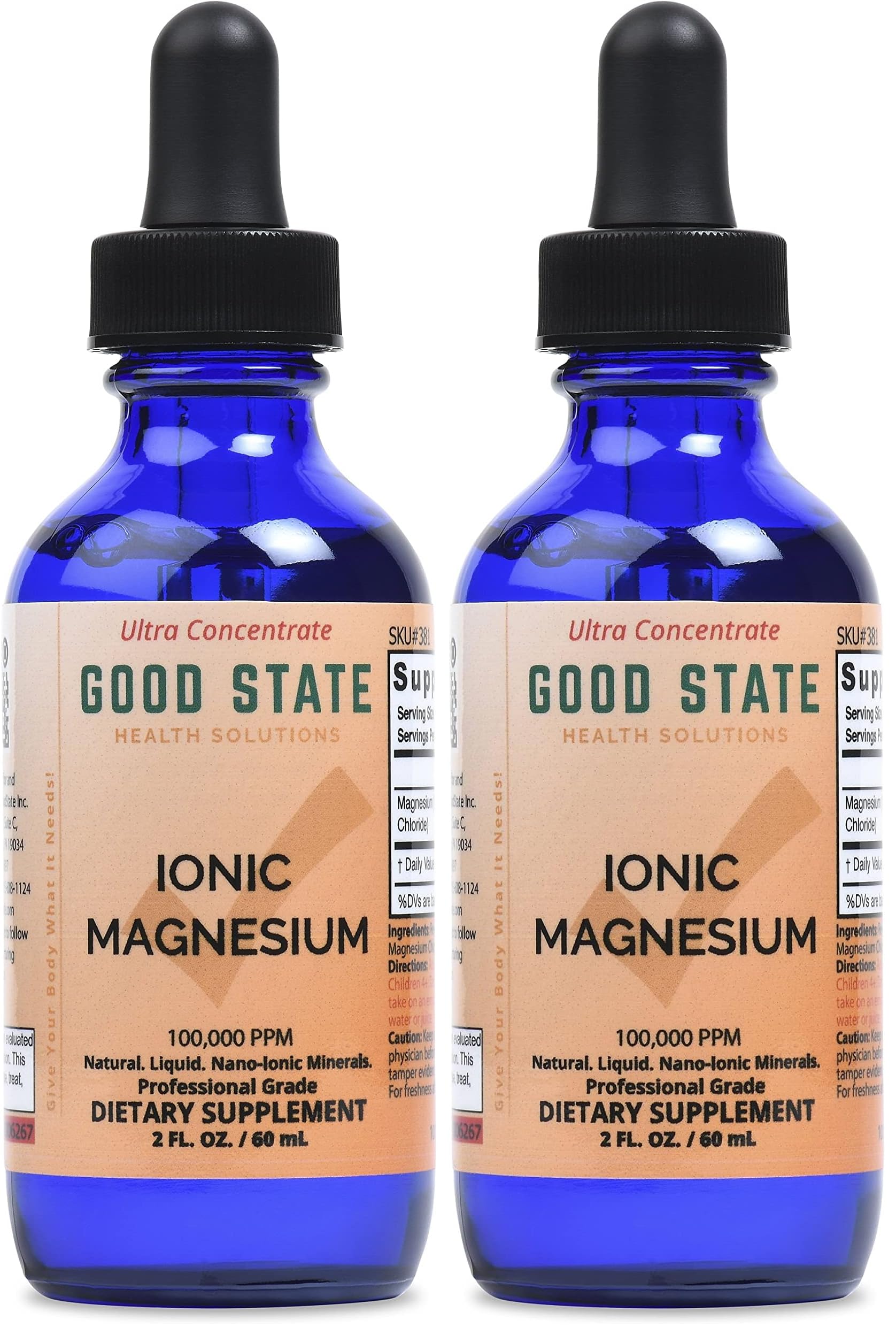 Glass bottle packaging for Good State Liquid Ionic Magnesium Ultra Concentrate, pack of 2