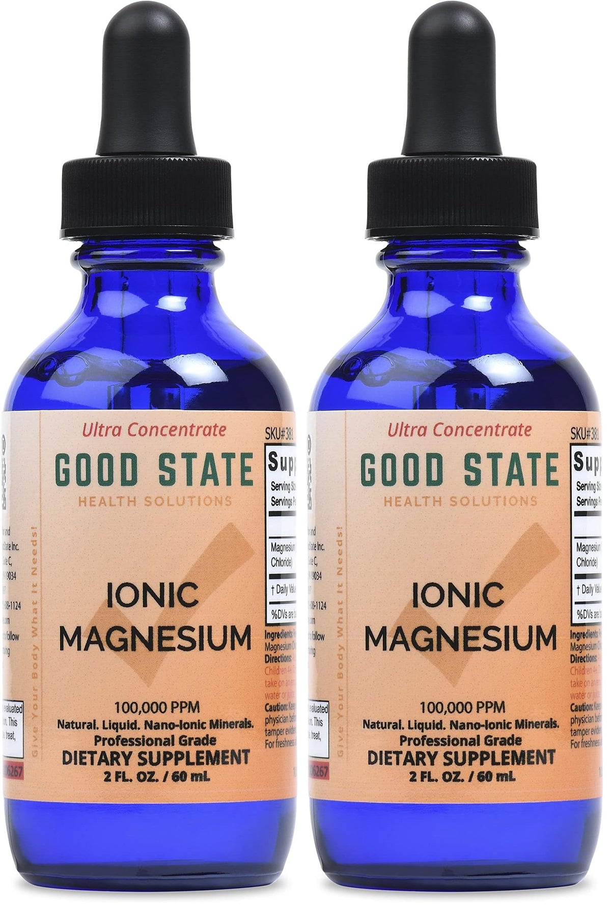 Glass bottle packaging for Good State Liquid Ionic Magnesium Ultra Concentrate, pack of 2