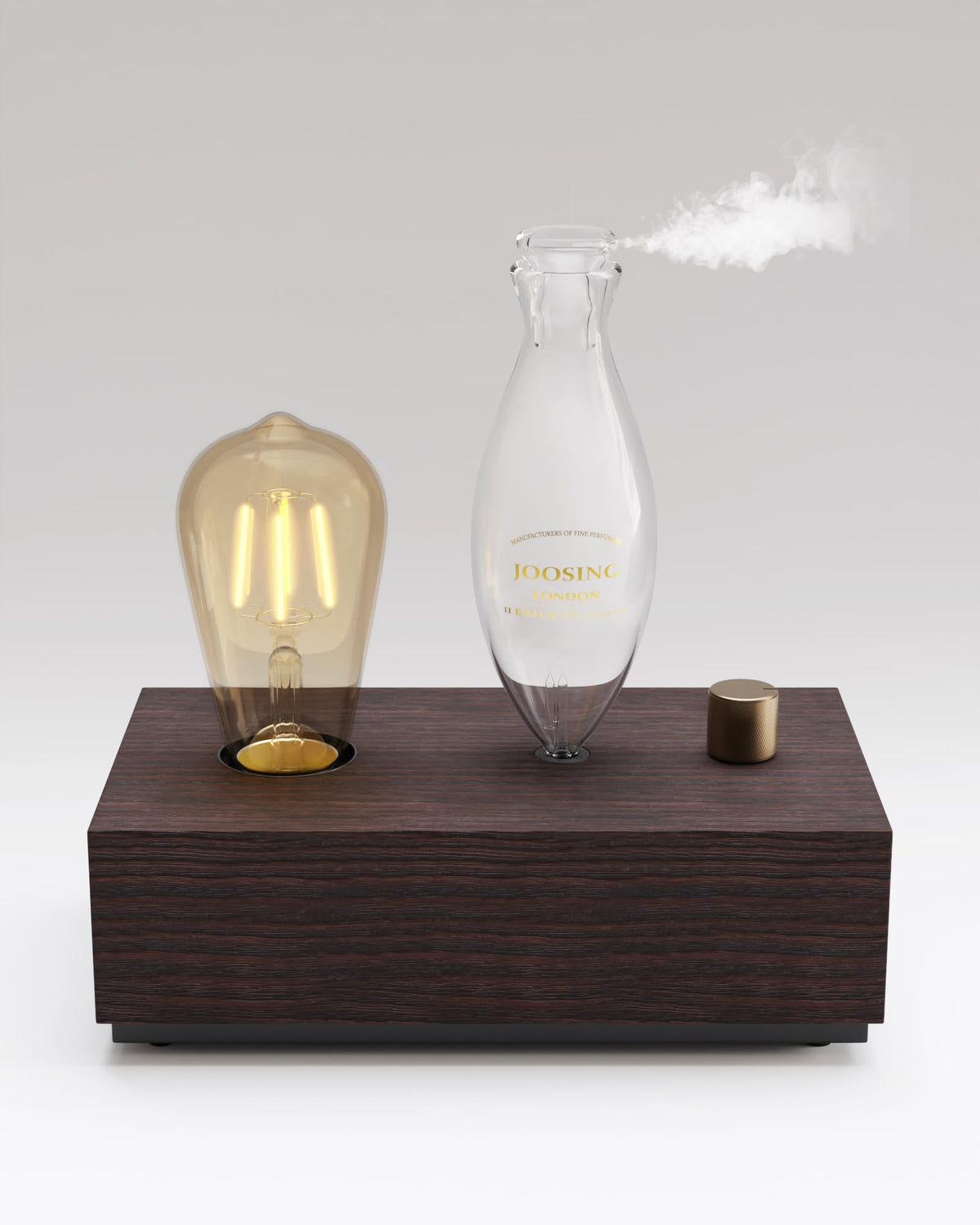 Glass essential oil diffuser with natural pine wood base