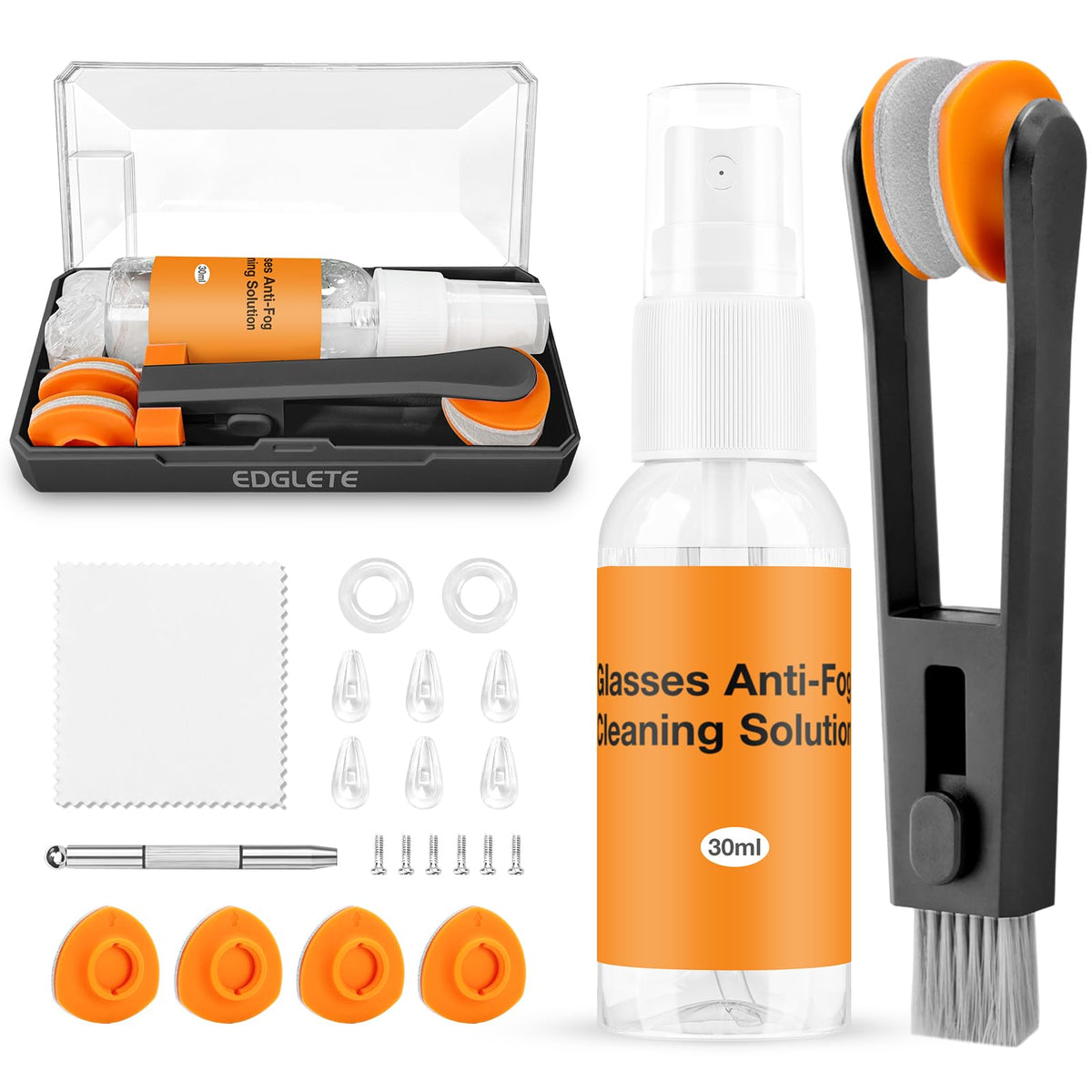 Glasses cleaner kit with portable case and components