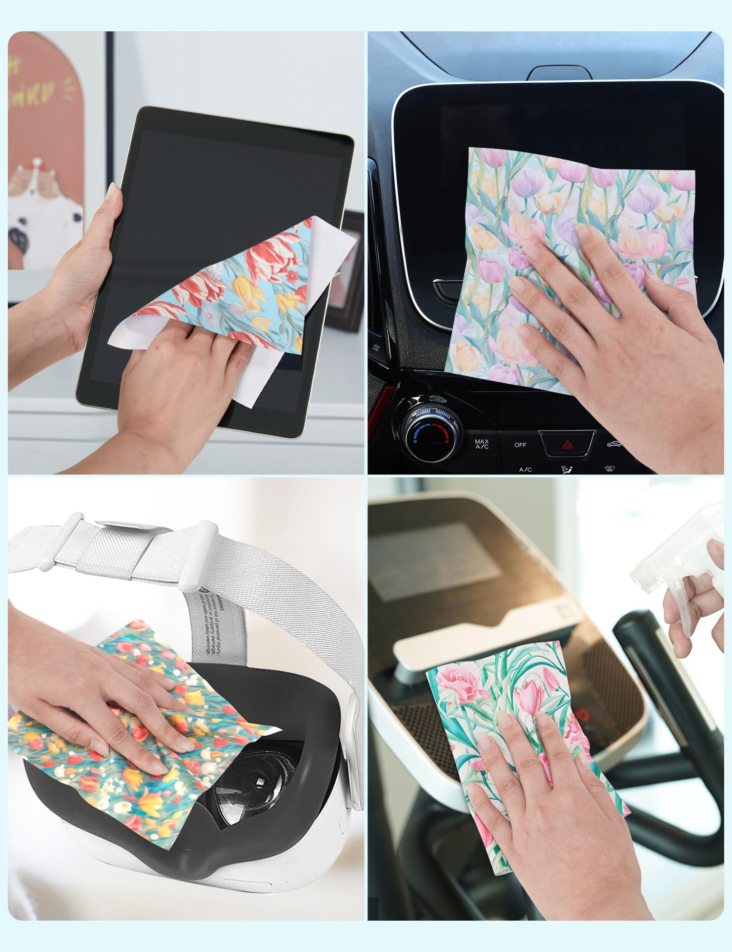 Tulips patterns on square microfiber wipes for glasses and devices