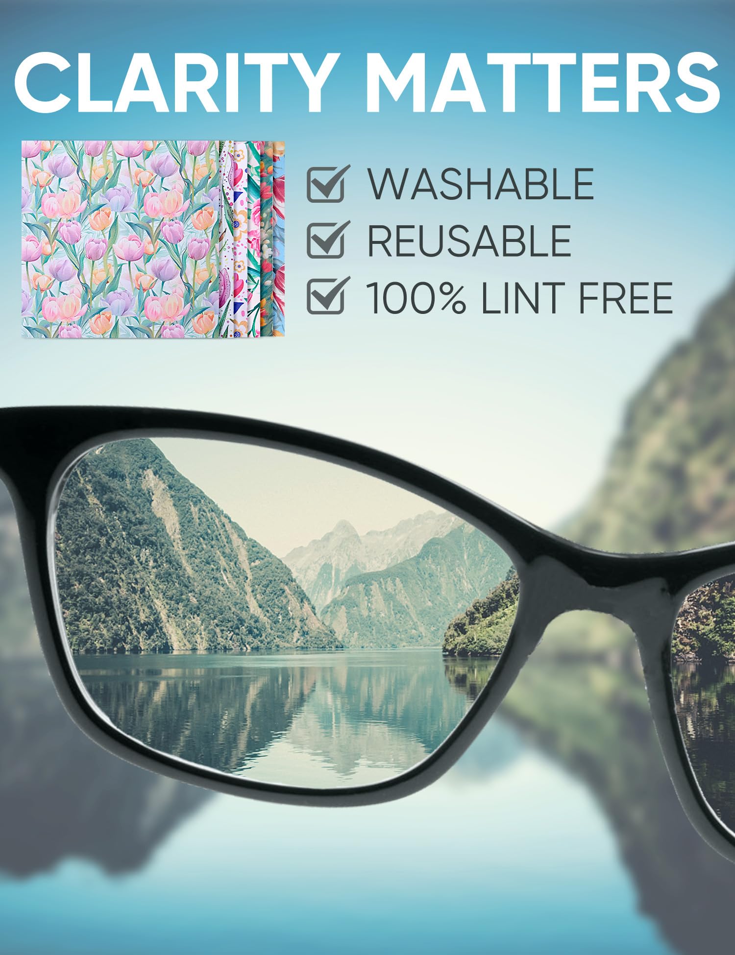 Cloths arranged with floral designs for glasses, cameras, TVs and phones