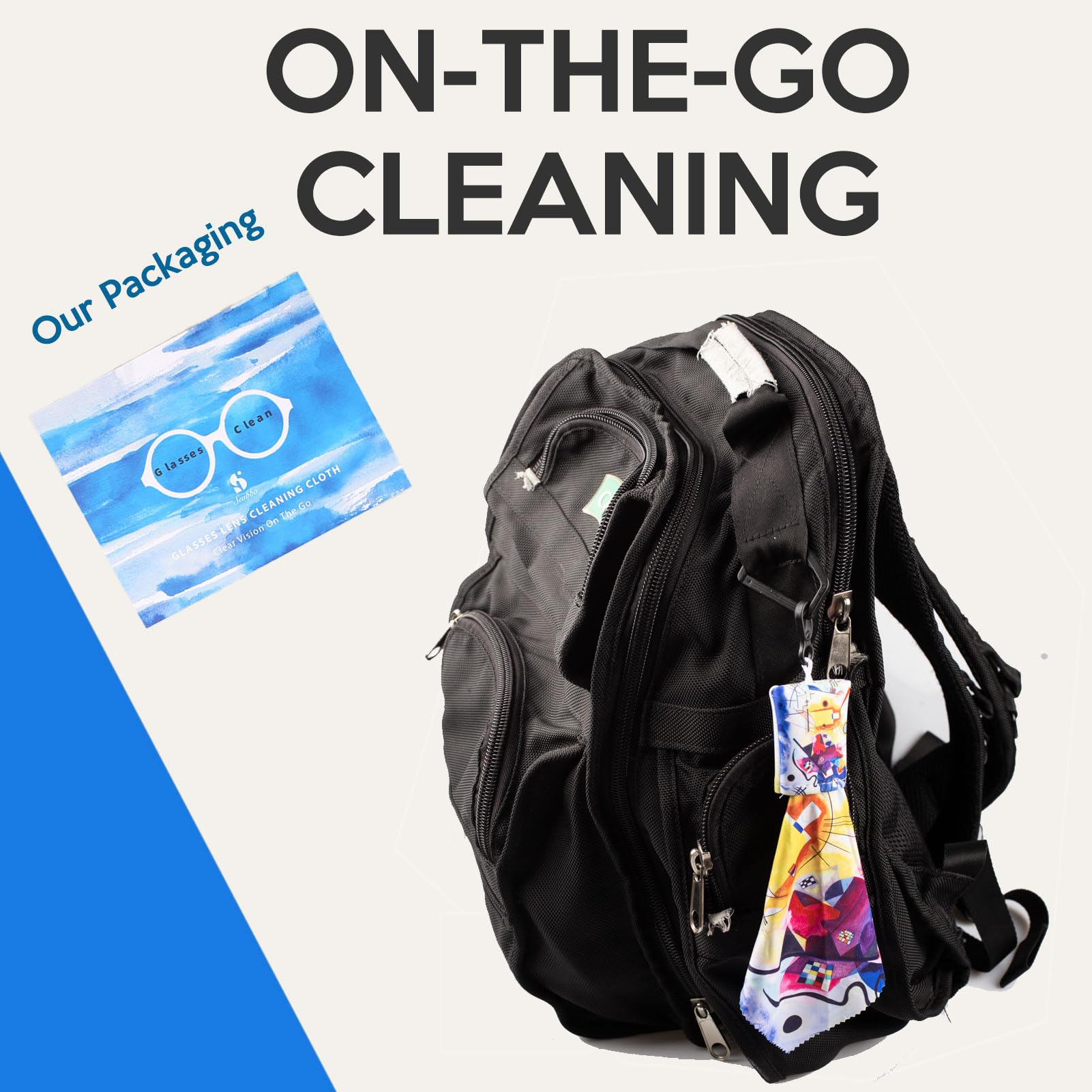 Compact travel eyeglasses cleaning cloth with art-print design on keychain