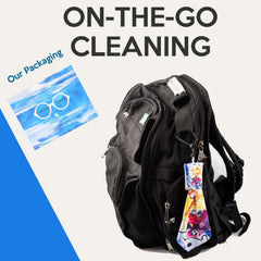 Compact travel eyeglasses cleaning cloth with art-print design on keychain