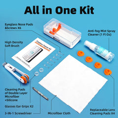 Glasses repair tools including screws, nose pads, and ear grips