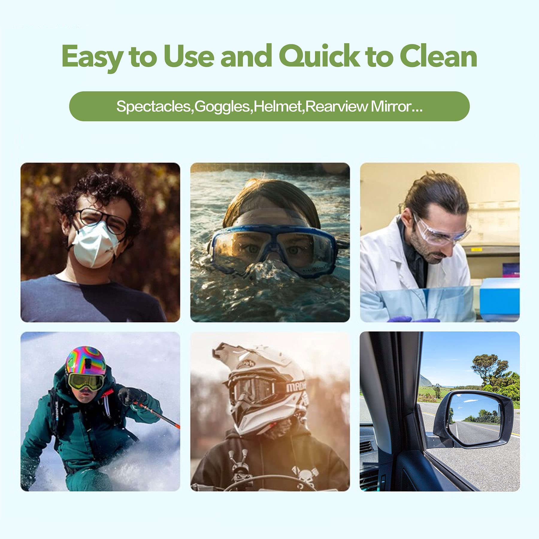 Glasses and sunglasses being cleaned with anti-fog wipes