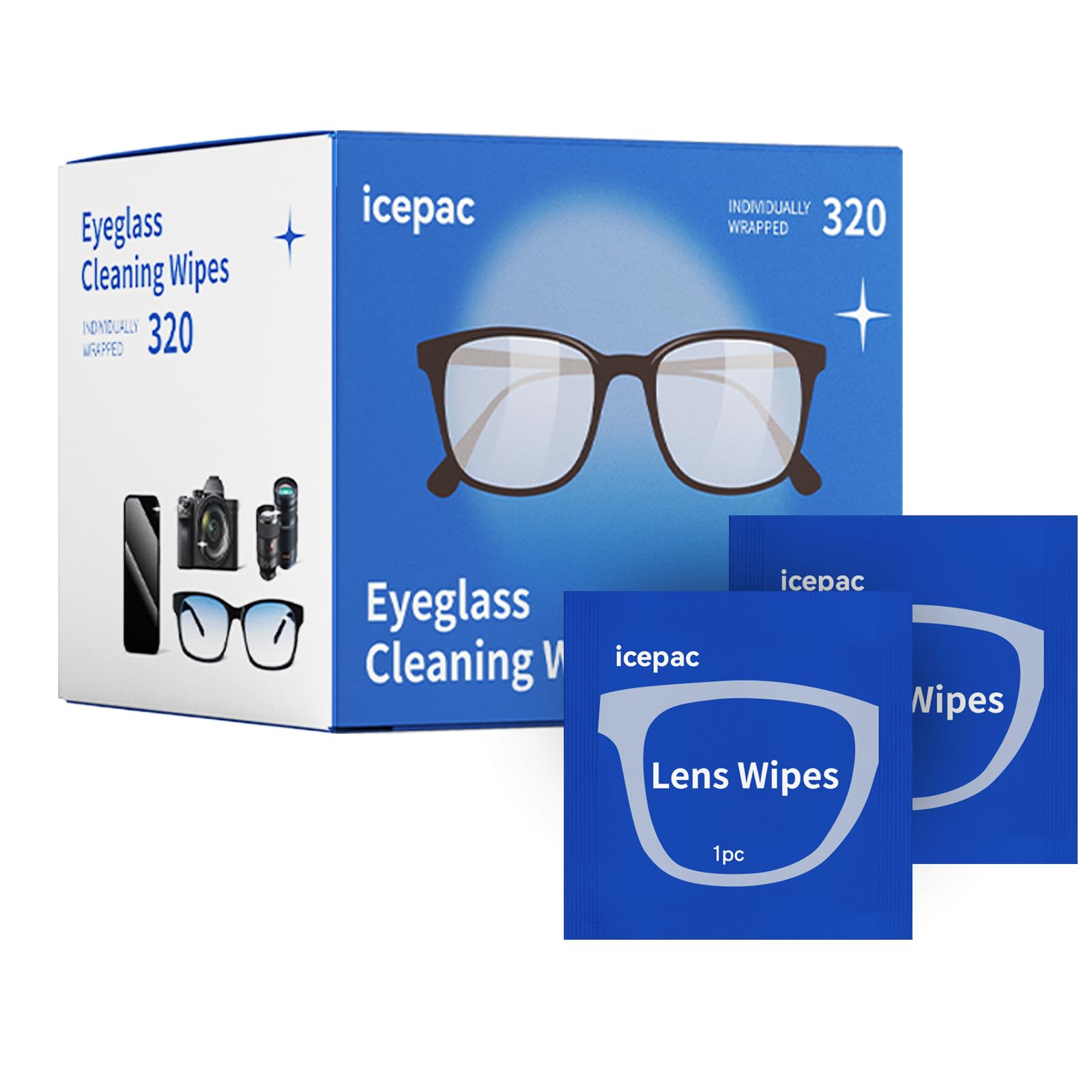 320-count pre-moistened glasses cleaning wipes in individual wrappers