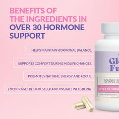 gleefull-sups-over-30-hormone-support-capsules-closeup showcases easy-to-swallow capsules for daily use