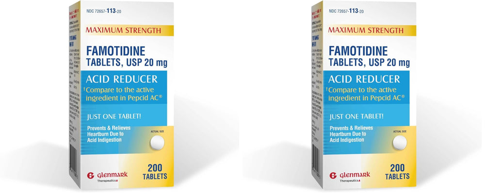 Glenmark famotidine bottle pour showing easy heartburn relief access.