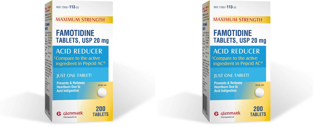Glenmark famotidine bottle pour showing easy heartburn relief access.