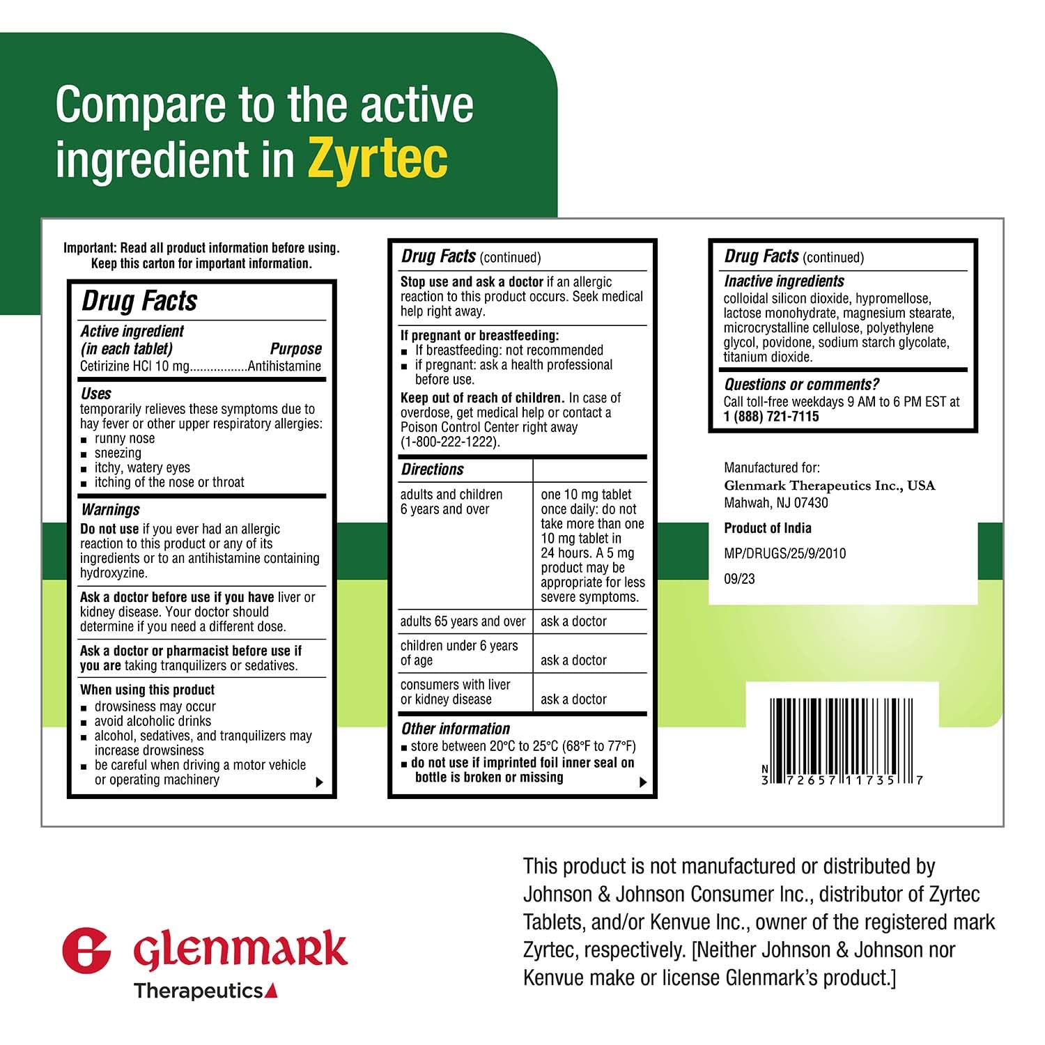 Glenmark Therapeutics 365-count bottle shows long-lasting pollen relief.