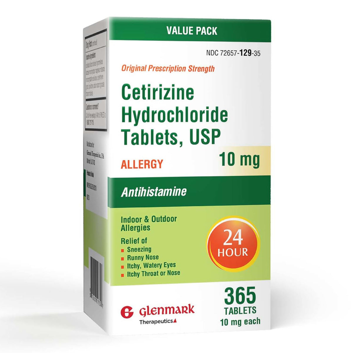 Glenmark Therapeutics cetirizine bottle for daily allergy relief.