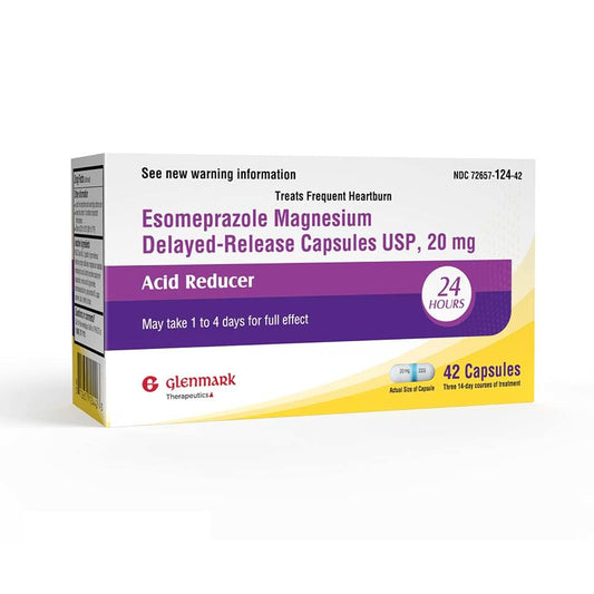 Glenmark Therapeutics esomeprazole 20mg bottle shows delayed-release capsules for heartburn relief.
