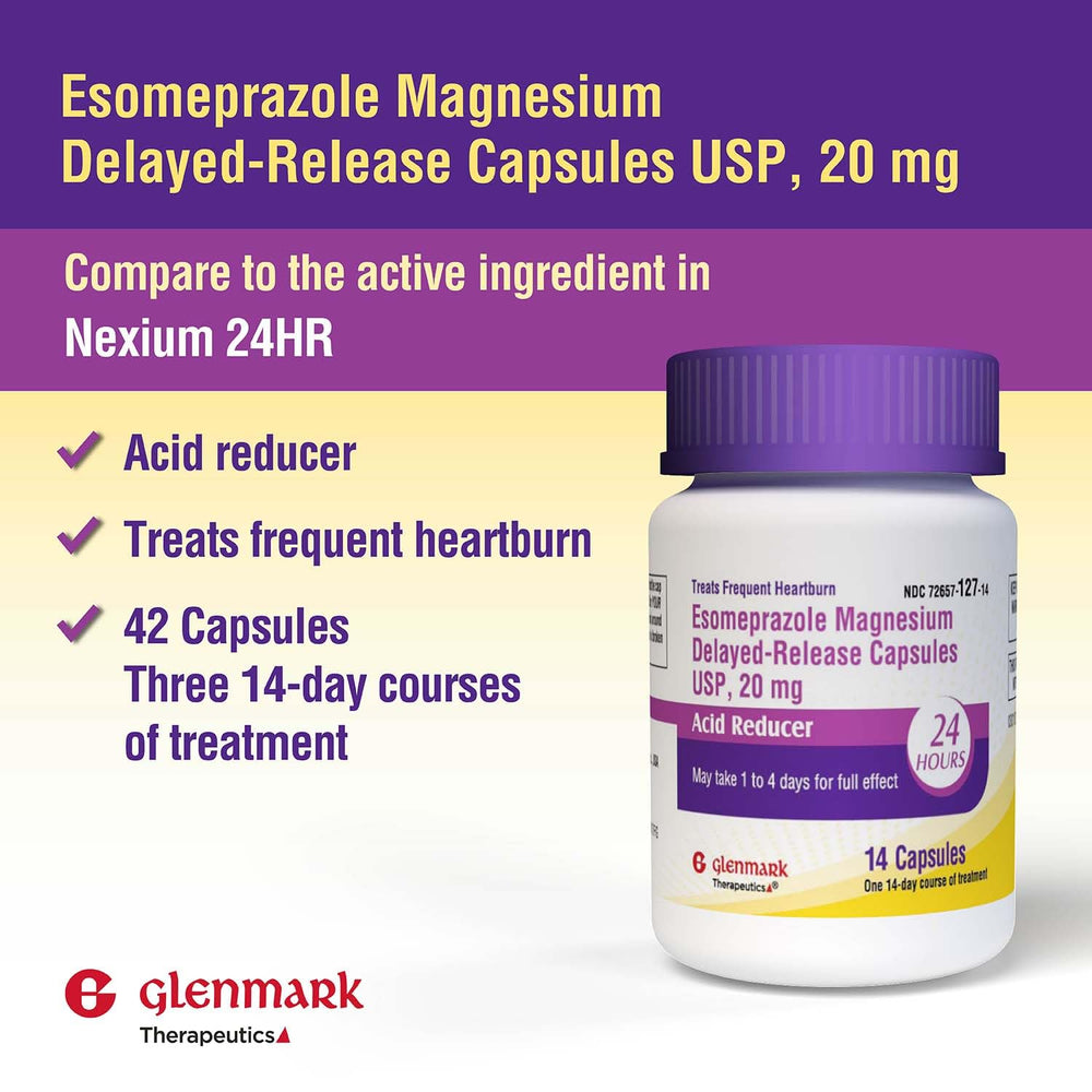 Glenmark Therapeutics esomeprazole packaging box highlighting once-daily dosing and 14-day window.