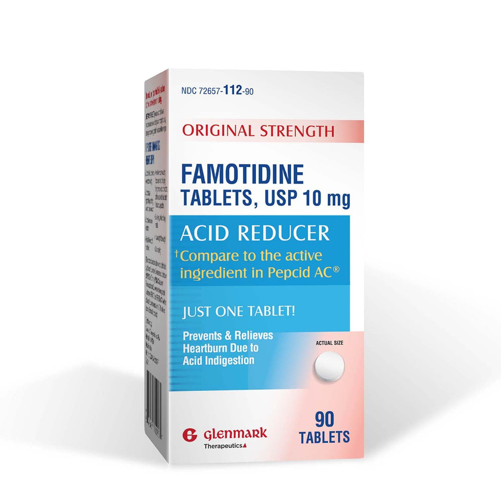 Glenmark Therapeutics famotidine 10mg tablets bottle pour for fast heartburn relief