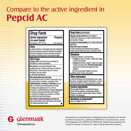Glenmark Therapeutics famotidine 20mg bottle ready for on-the-go relief.