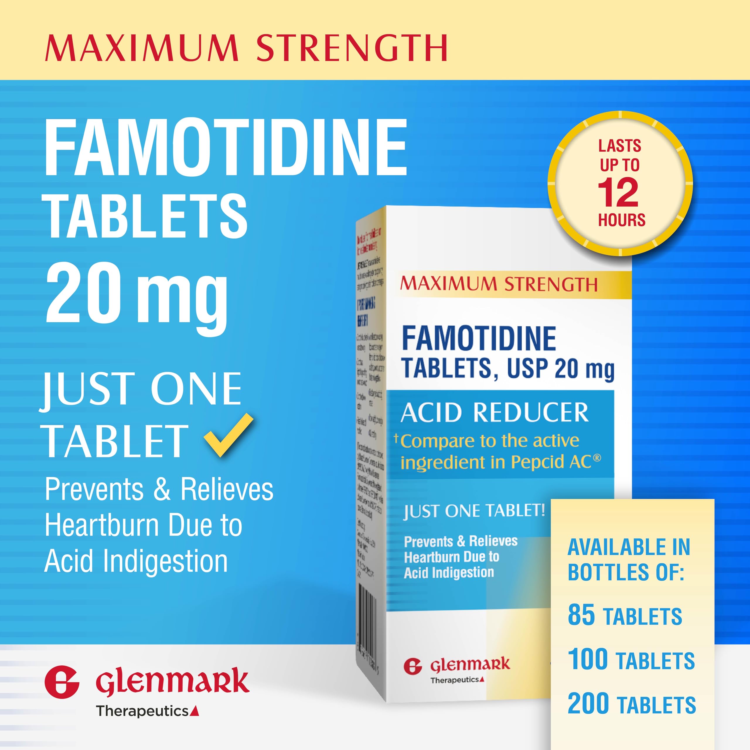 Glenmark Therapeutics famotidine 20mg label with dosing directions.