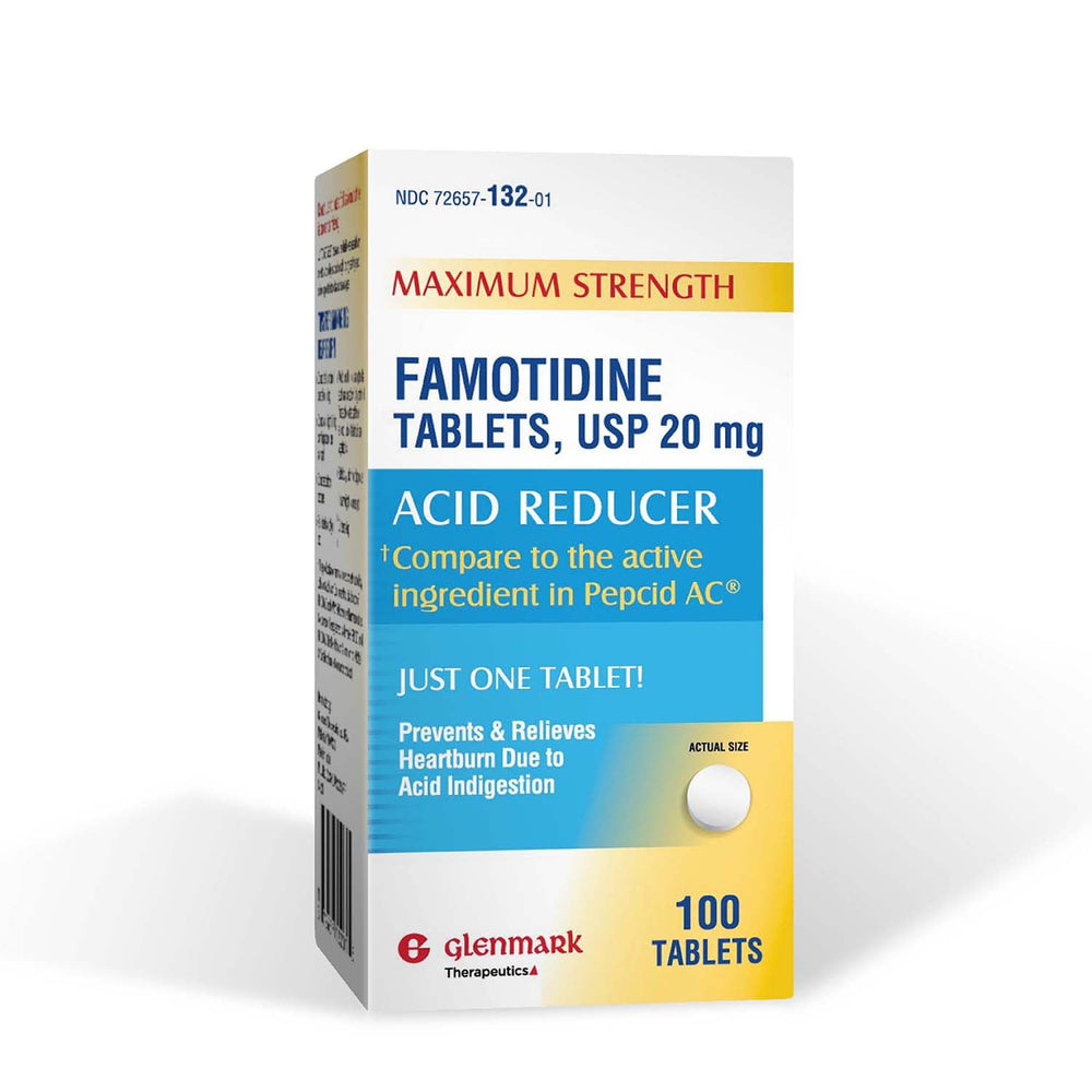 Glenmark Therapeutics famotidine 20mg packaging for heartburn relief.