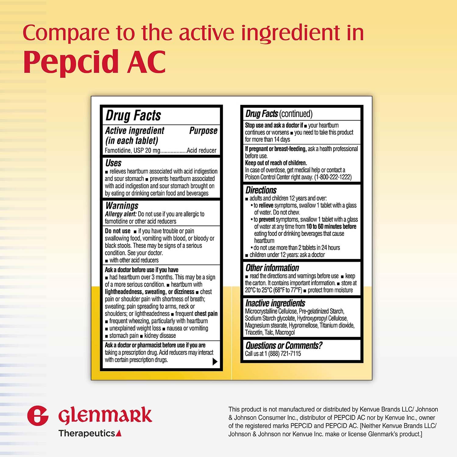 Glenmark Therapeutics famotidine 20mg tablets back with dosage details for safe use.