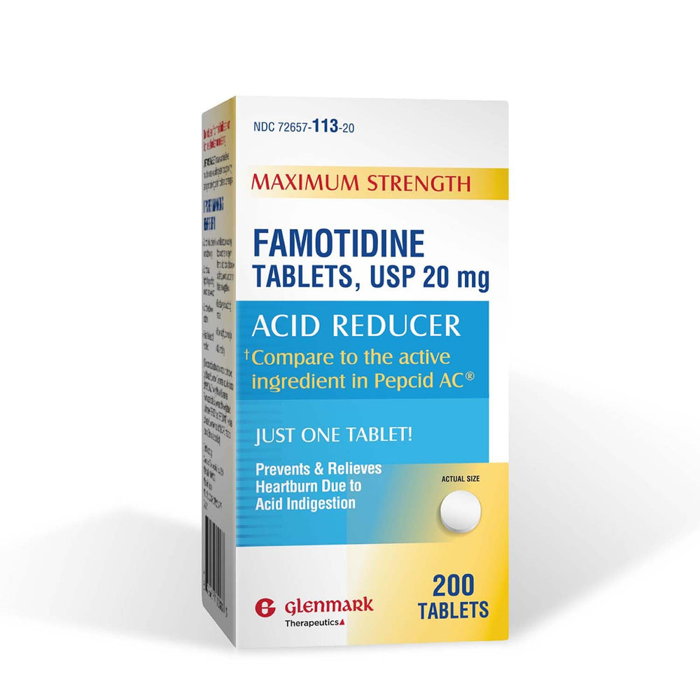 Glenmark Therapeutics famotidine 20mg tablets bottle front for quick heartburn relief.