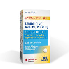Glenmark Therapeutics famotidine 20mg tablets bottle front for quick heartburn relief.