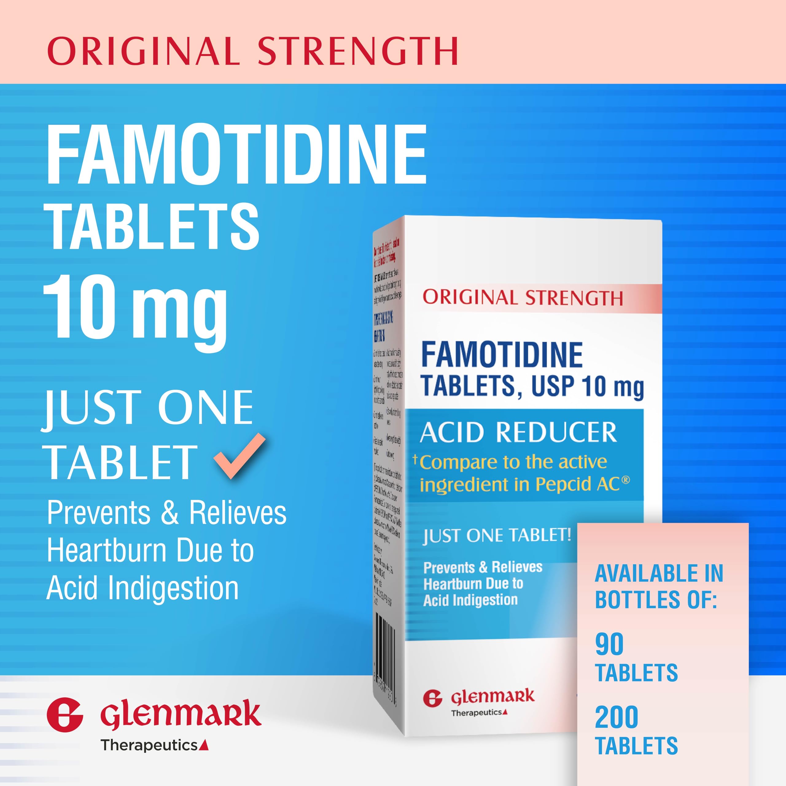 Glenmark Therapeutics original strength 10 mg famotidine box front for easy identification.