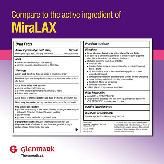 Glenmark Therapeutics PEG 3350 powder dissolving in beverage for easy dose mixing.