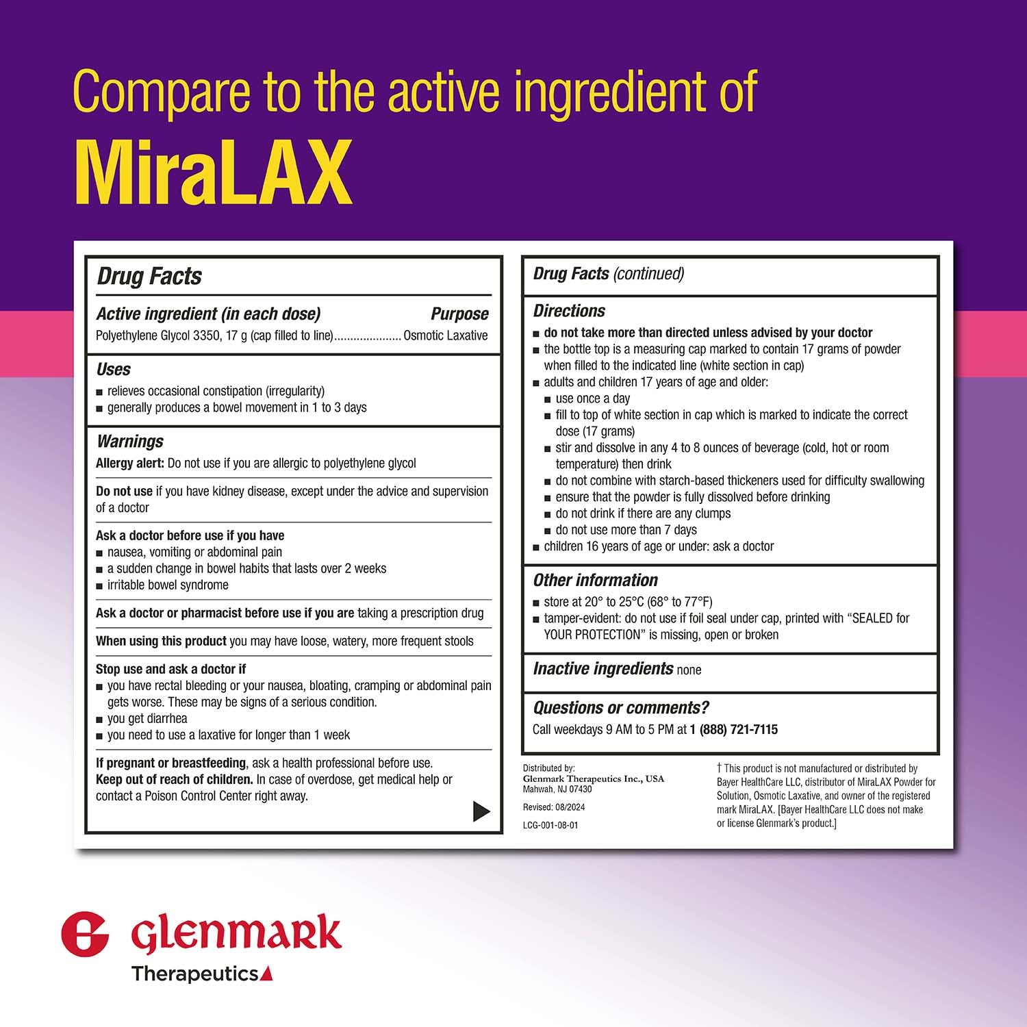 Glenmark Therapeutics PEG 3350 powder dissolving in beverage for easy dose mixing.