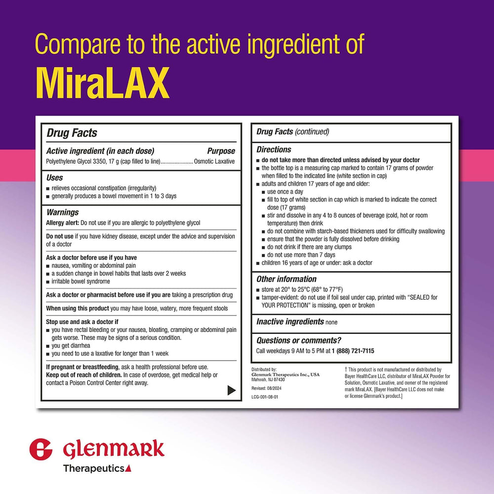 Glenmark Therapeutics PEG 3350 powder dissolving in beverage for easy dose mixing.