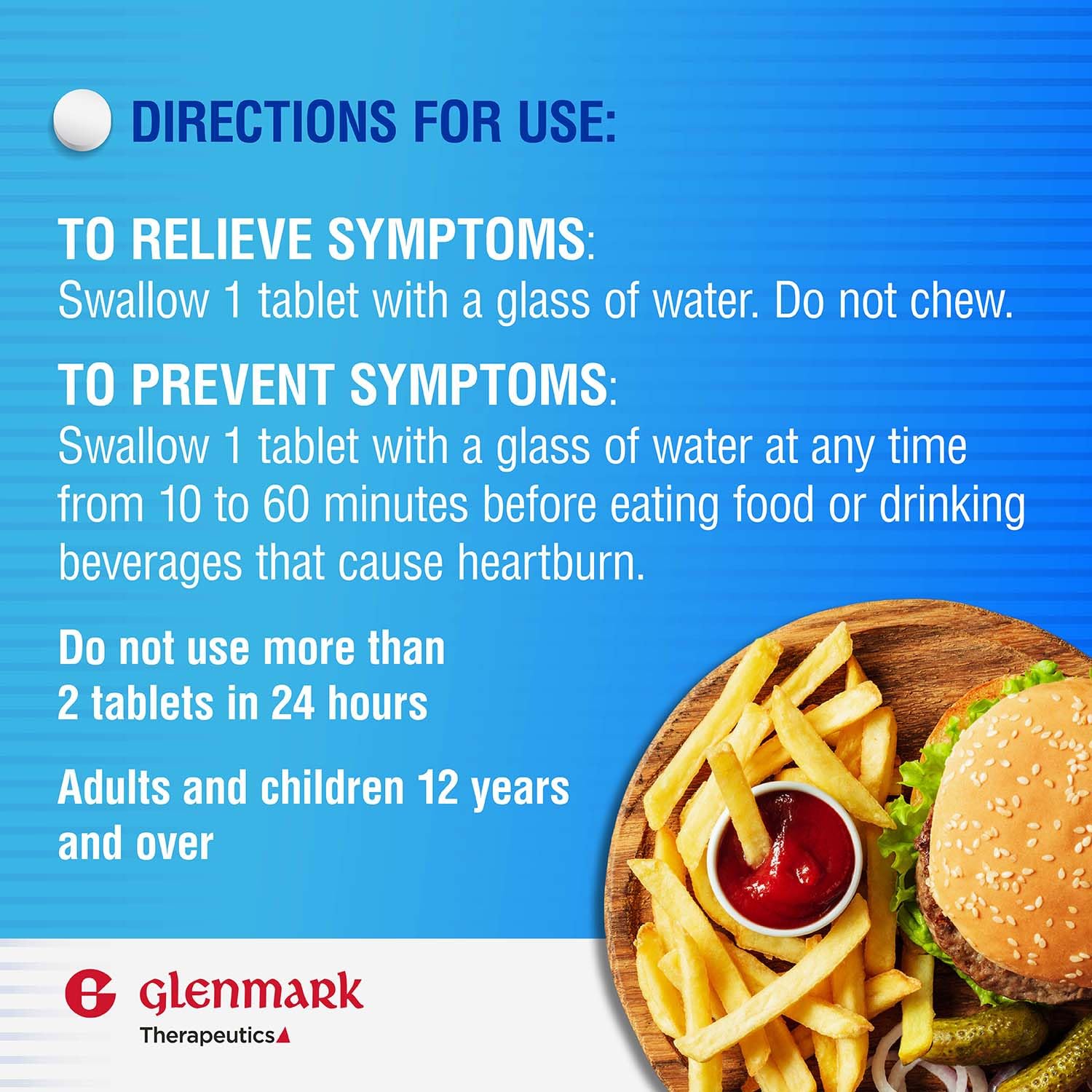 Glenmark Therapeutics famotidine bottle beside spicy food for acid indigestion prevention.
