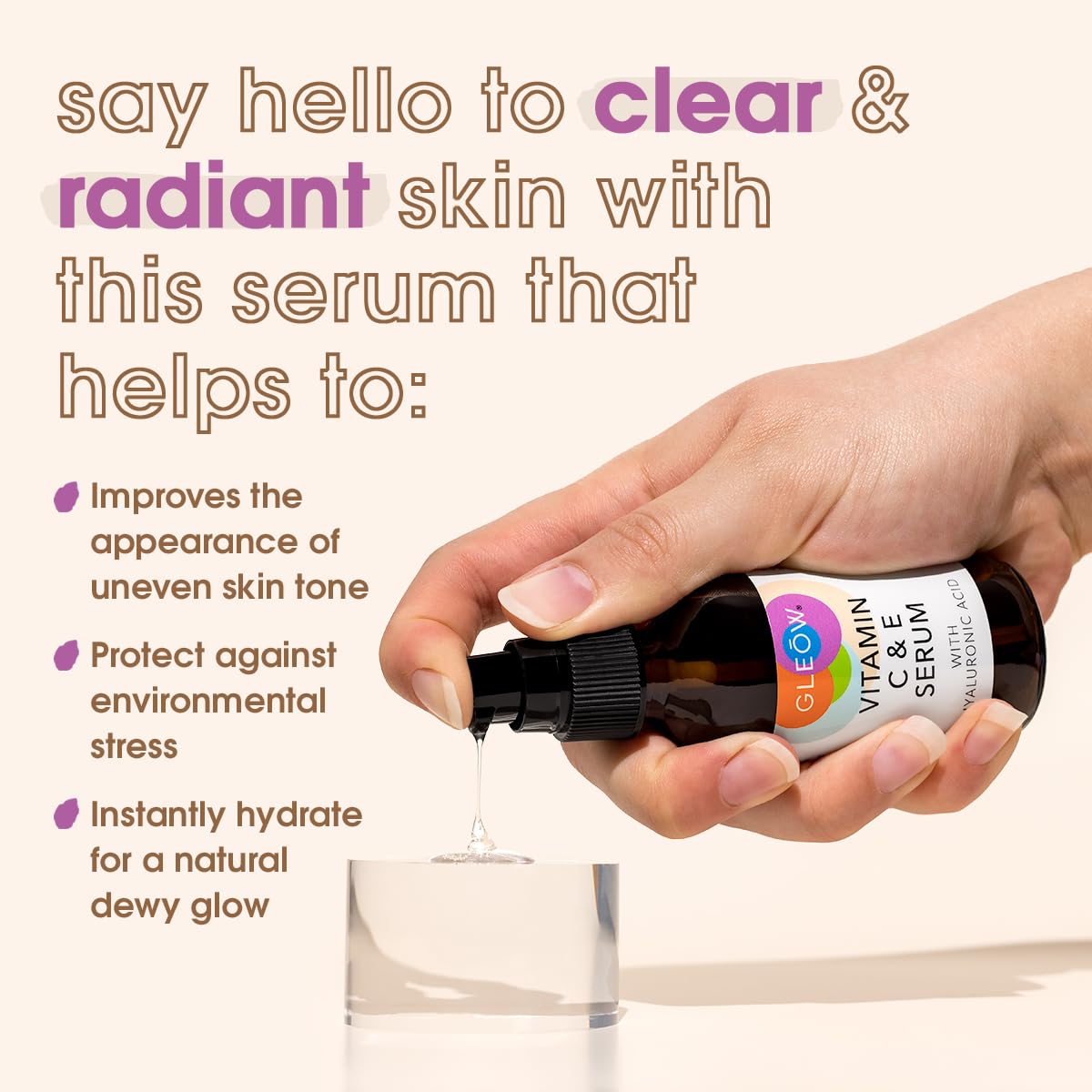 GLEOW Vitamin C Serum clean formula label indicating paraben-free and cruelty-free