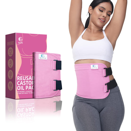 Front view of Glitz Castor Oil Pack Wrap in pink with two Velcro closures