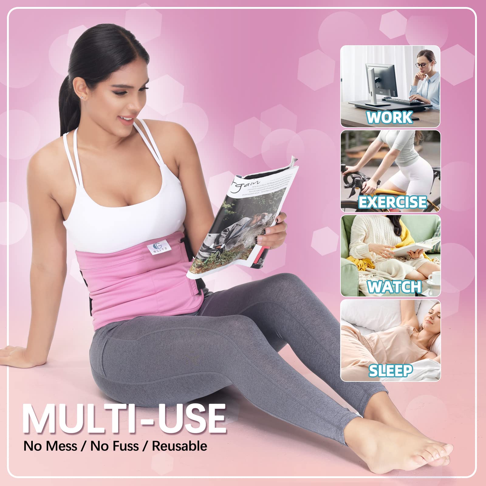 Pack worn around the abdomen for all-day comfort