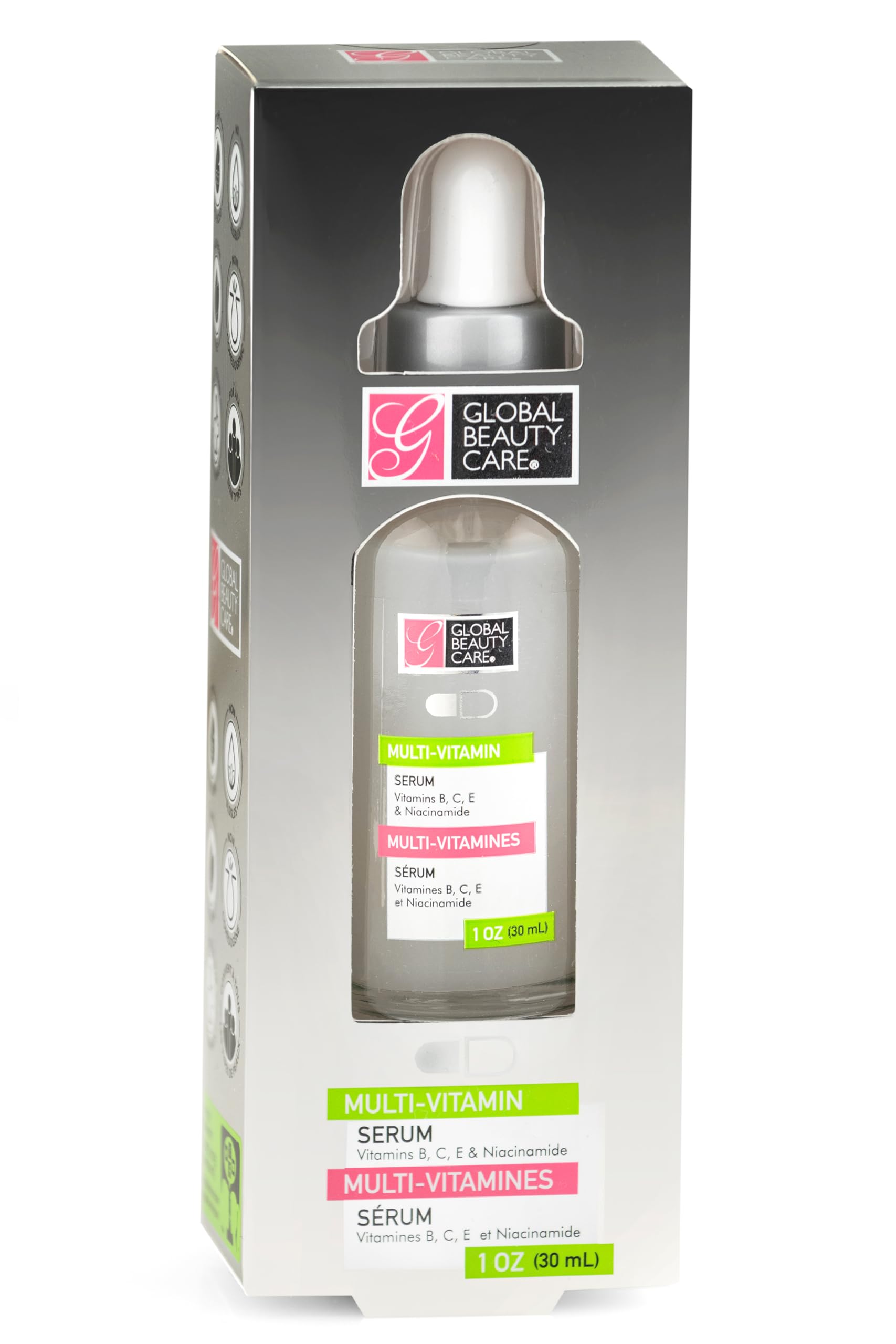 Global Beauty Care Multi-Vitamin Serum bottle pump illustrating easy daily application.