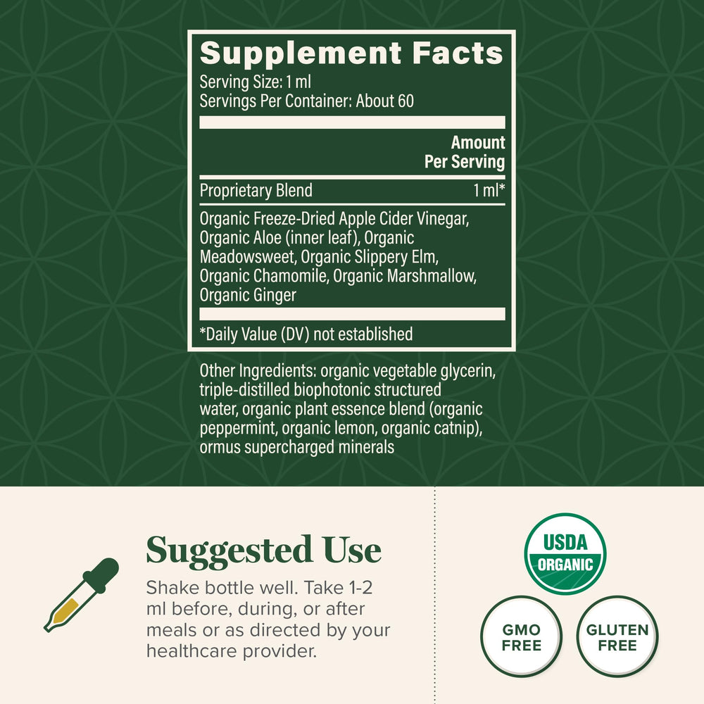 Global Healing Center Acid Reflux Relief label shows organic ingredients and 2 fl oz size