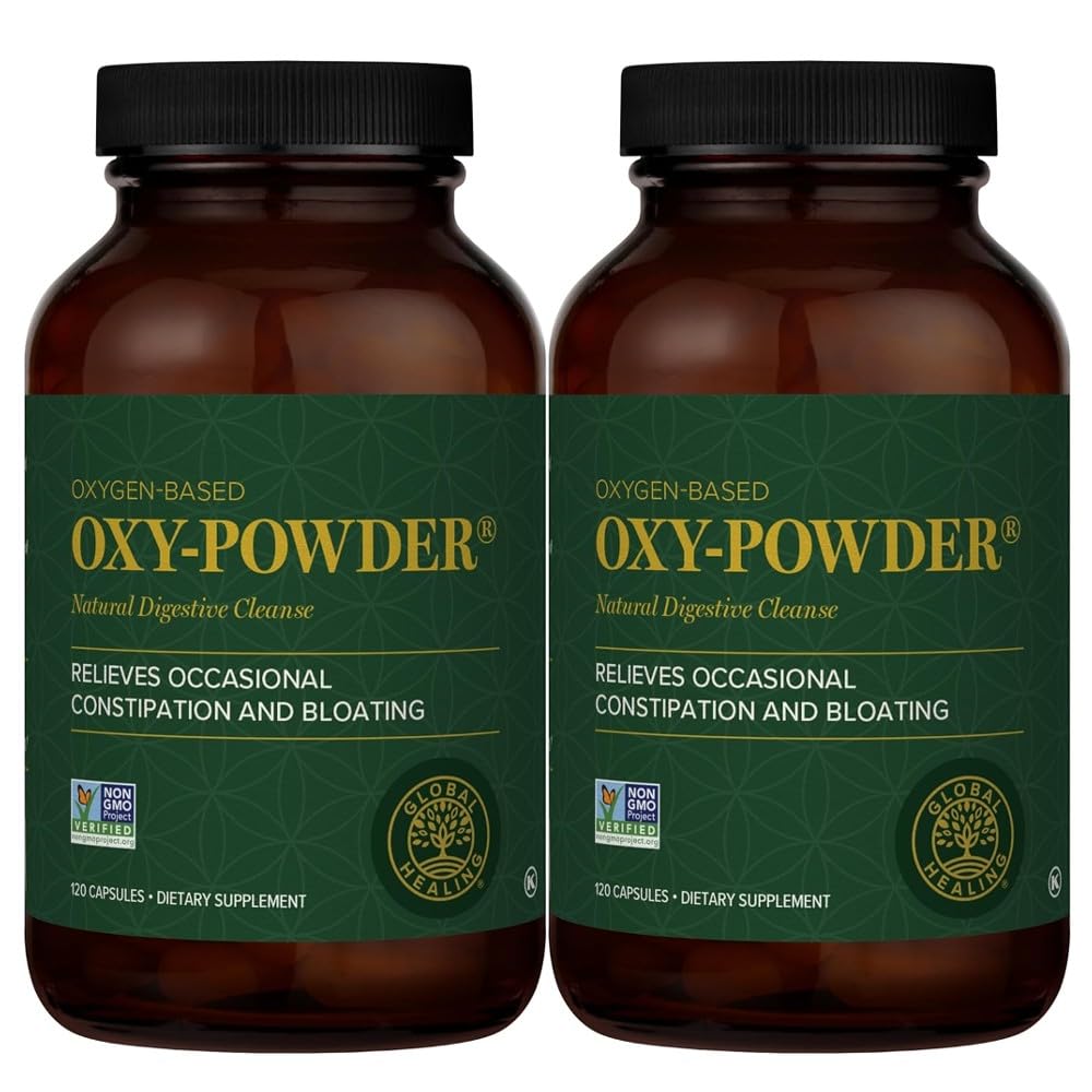 Global Healing Center Oxy-Powder bottles front view for convenient detox support.