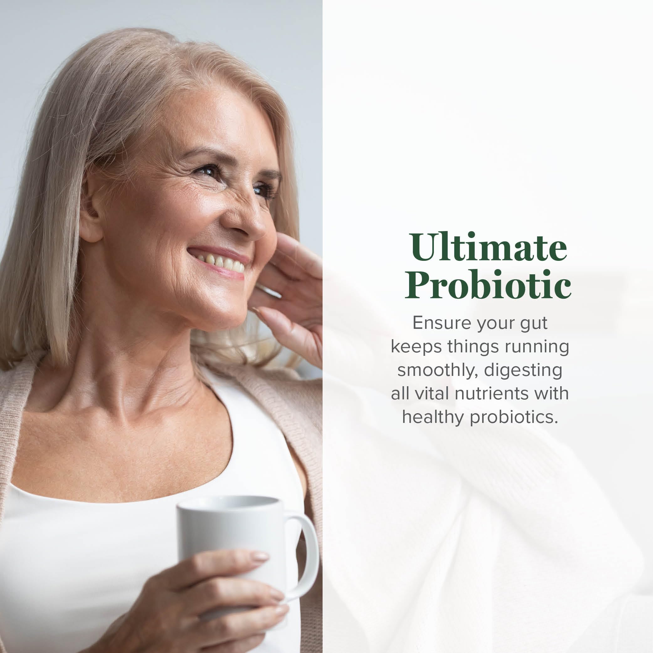Global Healing Center Ultimate Probiotic label highlighting 25 strains and prebiotics for gut health.