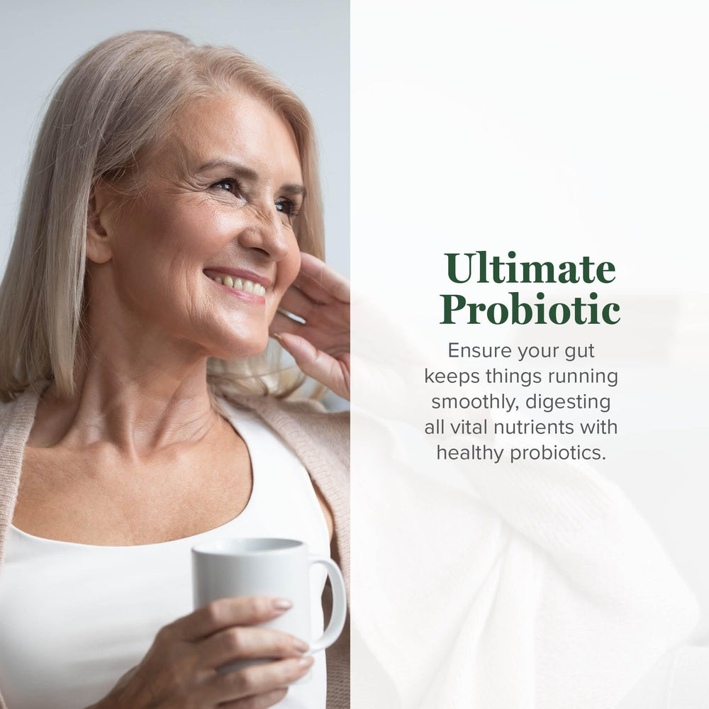 Global Healing Center Ultimate Probiotic label highlighting 25 strains and prebiotics for gut health.