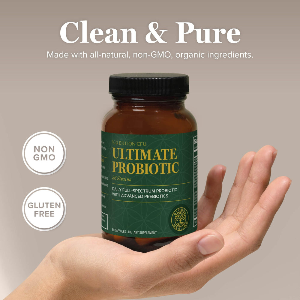 Packaging image of Global Healing Center Ultimate Probiotic illustrating quality standards.