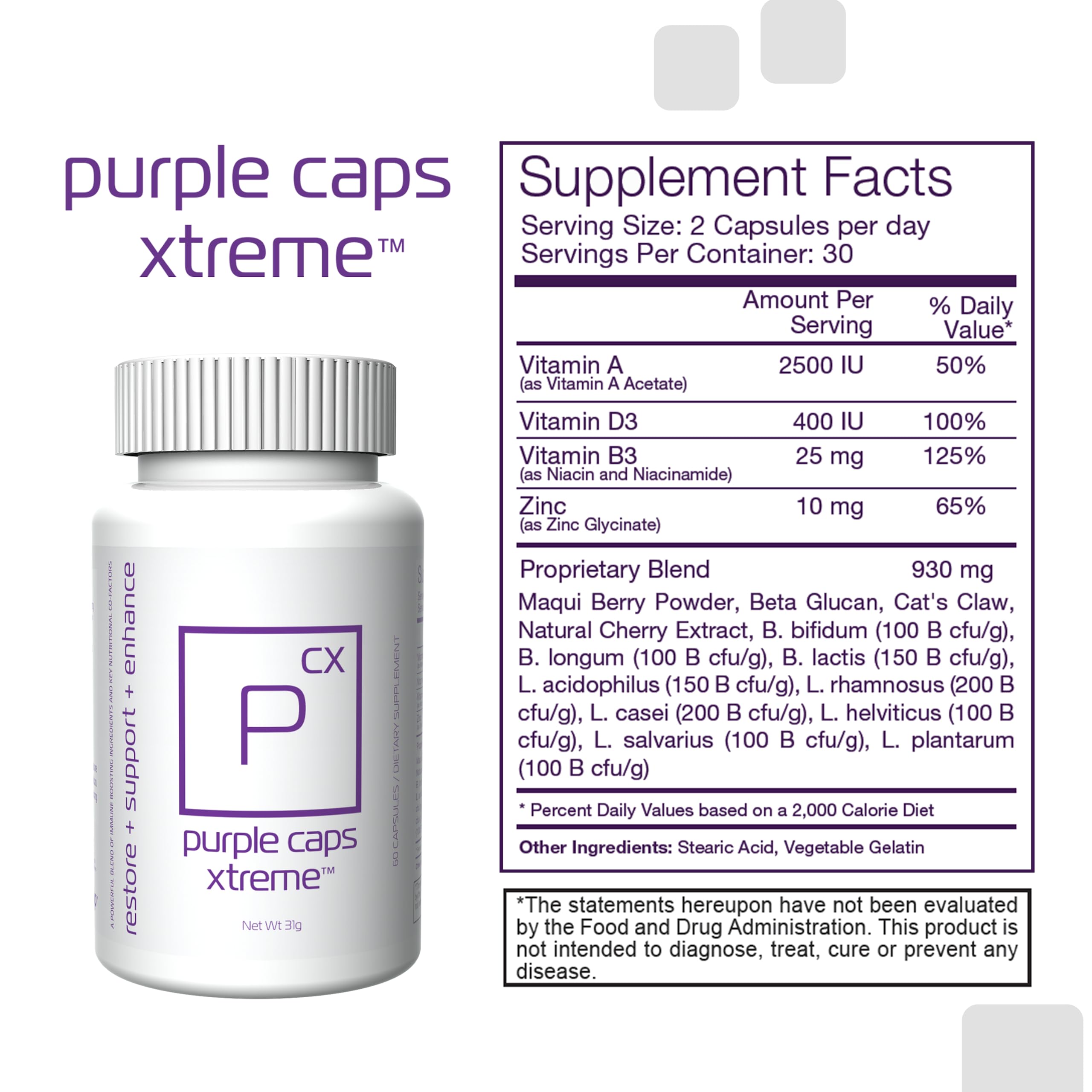 Close-up of Global Purple Caps Xtreme capsules