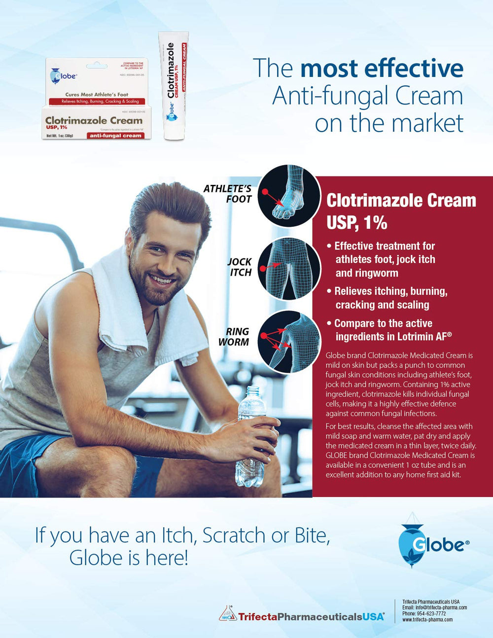 Globe Clotrimazole 4-pack box emphasizes a fresh product guarantee.