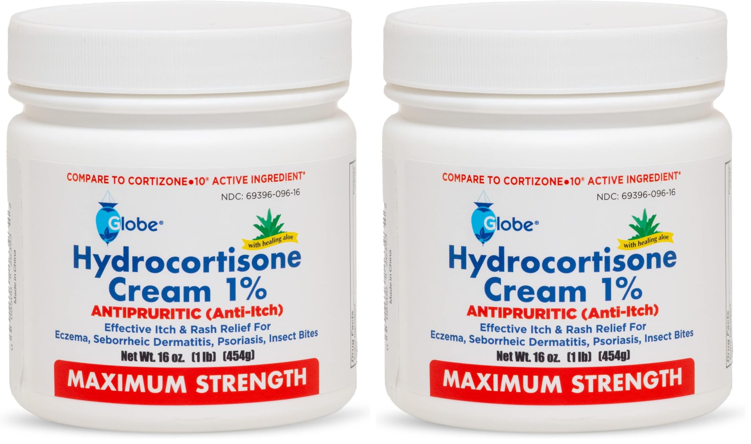 Globe Hydrocortisone 1% Aloe jar front for quick itch relief on irritated skin.