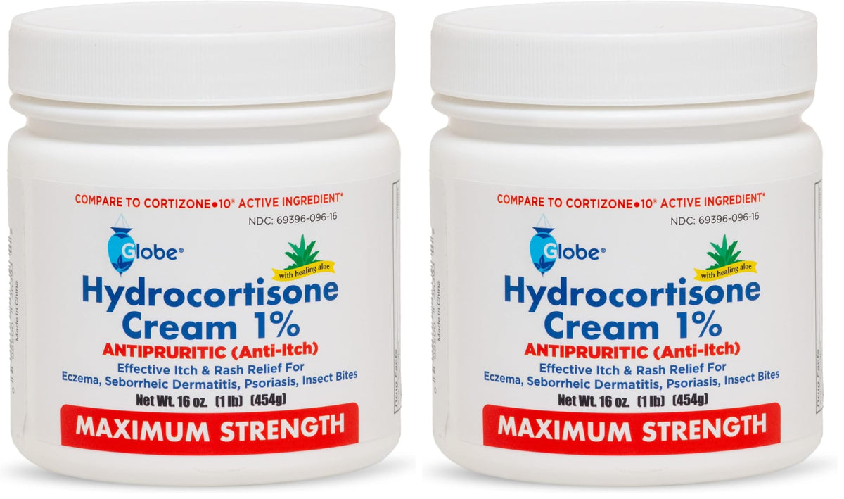 Globe Hydrocortisone 1% Aloe jar front for quick itch relief on irritated skin.