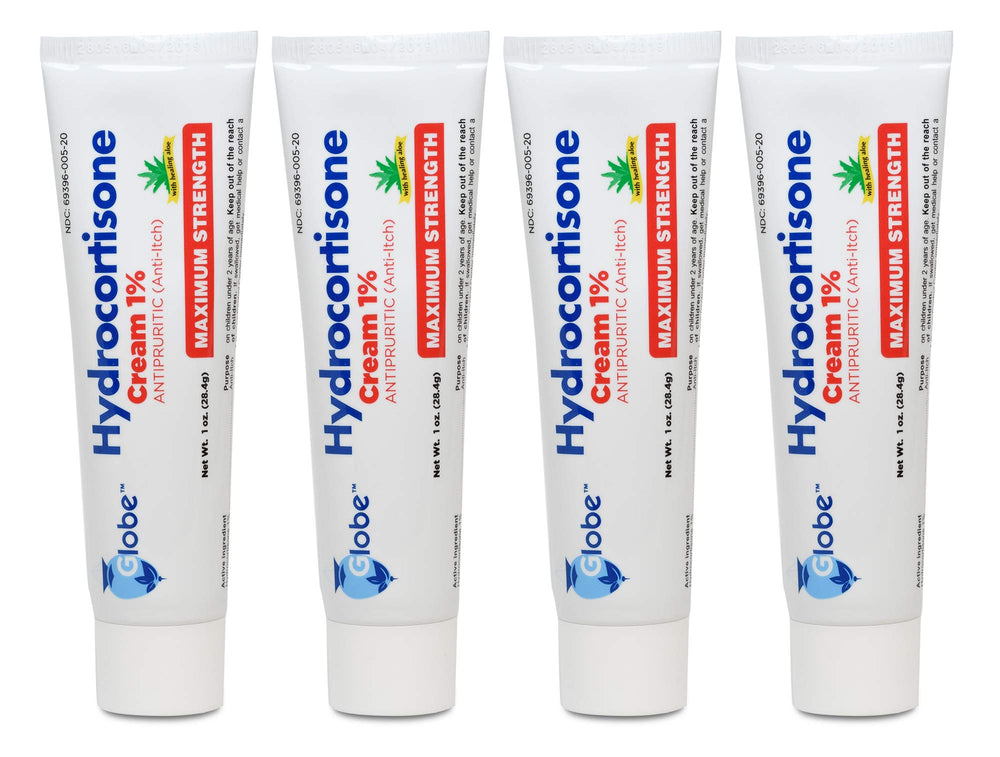 Globe Hydrocortisone Cream 4-pack box-front for quick itch relief at home