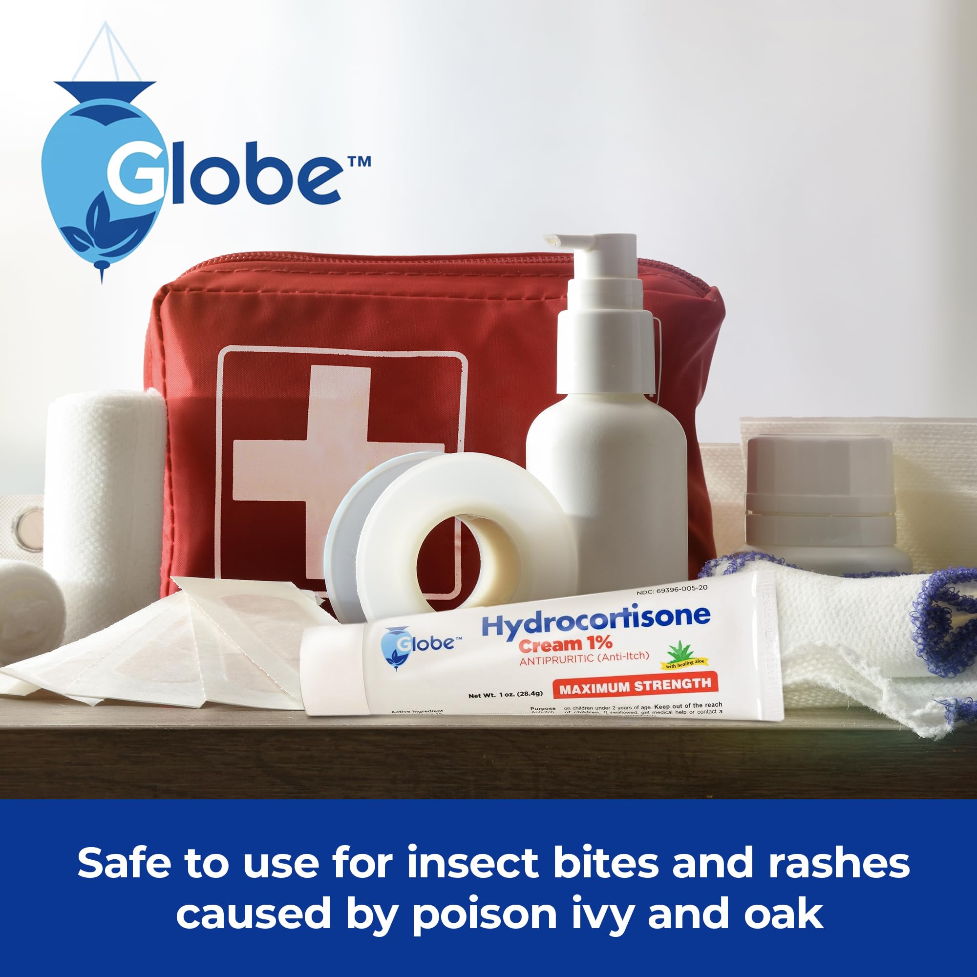 Globe Hydrocortisone Cream on bathroom counter ready for on-the-spot irritation care