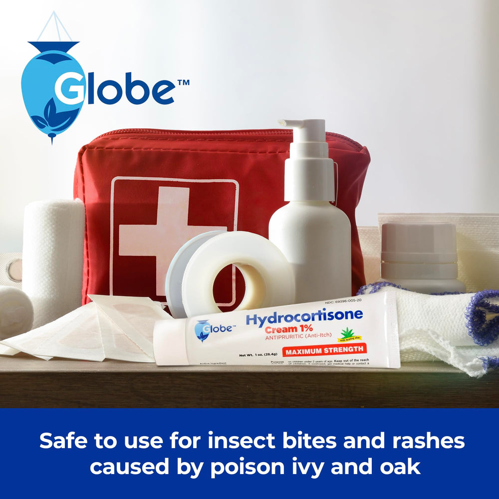 Globe Hydrocortisone Cream on bathroom counter ready for on-the-spot irritation care