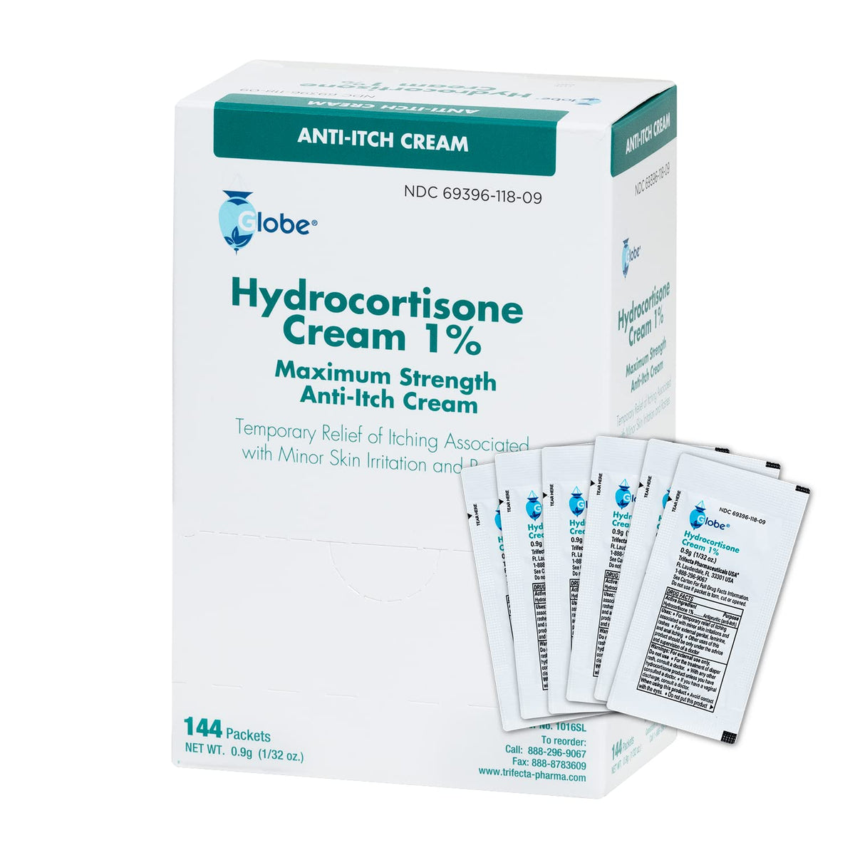 Globe Hydrocortisone cream box front for quick itch relief on the go.