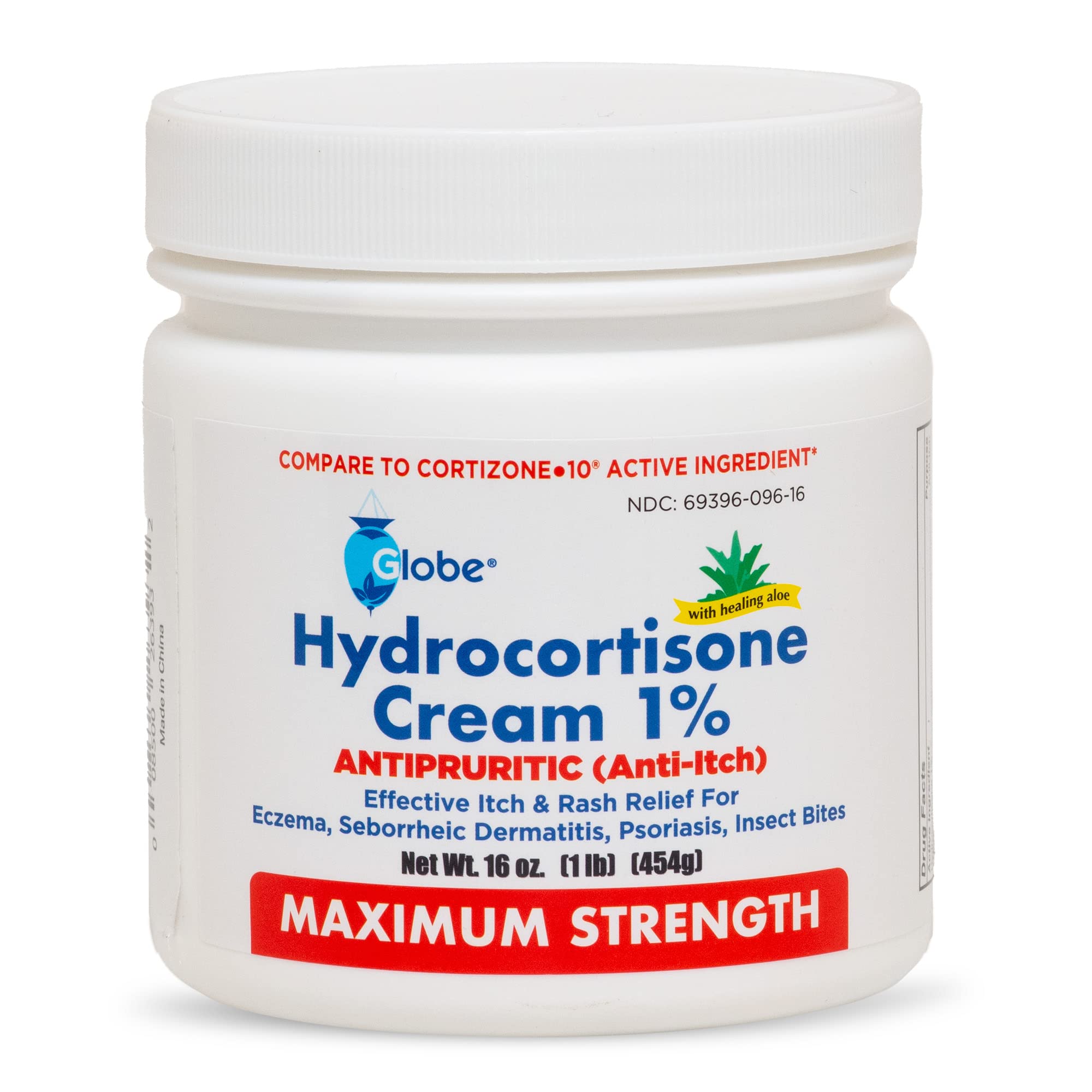 Globe hydrocortisone cream jar 16 oz with aloe delivers soothing itch relief for irritated skin.