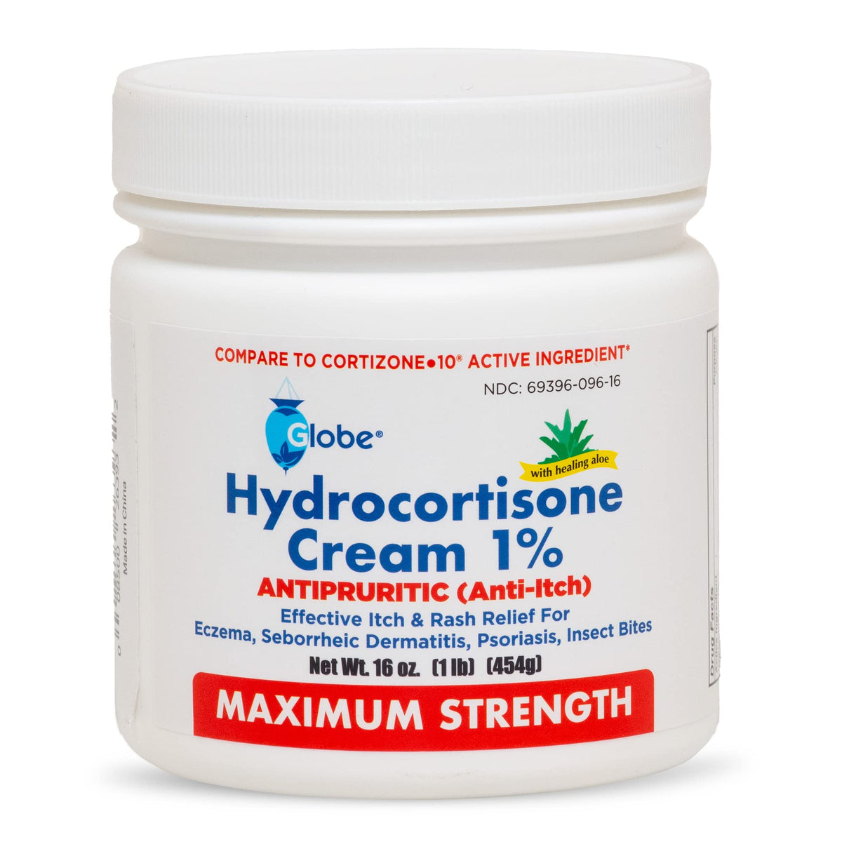 Globe hydrocortisone cream jar 16 oz with aloe delivers soothing itch relief for irritated skin.